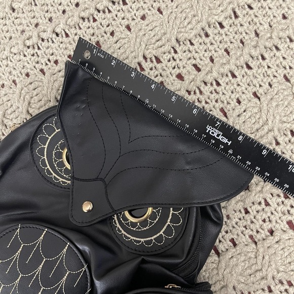 Owl Backpack Black Faux Leather Embroidered Eyes Side Zipper Pockets Cute‎ Bag - Picture 16 of 16